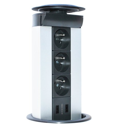 Výsuvná zásuvka TELEBLOK, 3x zásuvka 250V/16A, 2x USB nabíječka, víko s gumovou průchodkou, barva stříbrno-černá, kabel 1.5m