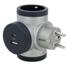 Rozbočka otočná o 180°, 2x 230V + nabíjecí USB-C, USB-A (5V -3.0A, 15.0W), hliník - tmavě šedá