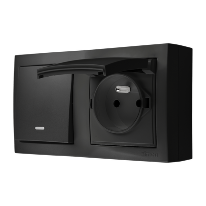 Zásuvka 1x 250V s vičkem v barvě krytu a jednopólovým vypínačem s podsvětlením, odolný proti vlhkosti, IP44, barva černá matná