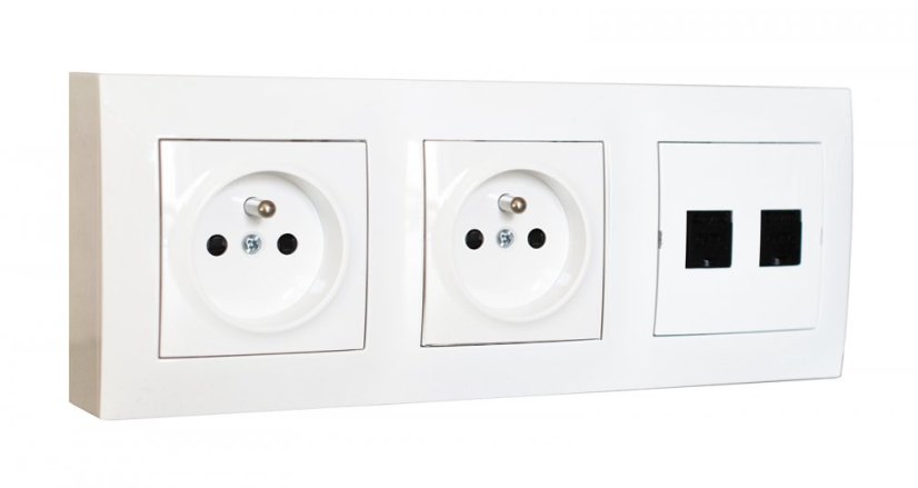 Zásuvkový blok nástenný 2x 250V / 16A, 2x RJ45, bez kábla, farba biela lesklá