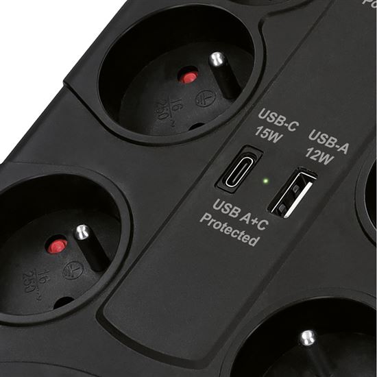 Přepěťová ochrana, 8x zásuvka 230V , USB A+C nabíječka 5V/3.4A, kabel 2m, barva černá