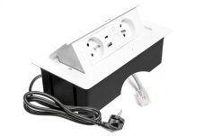 Výklopná zásuvka MULTISOFT, 2x 230V, USB A/C nabíjačka, RJ45, farba biela, kábel o dĺžke 1.5m