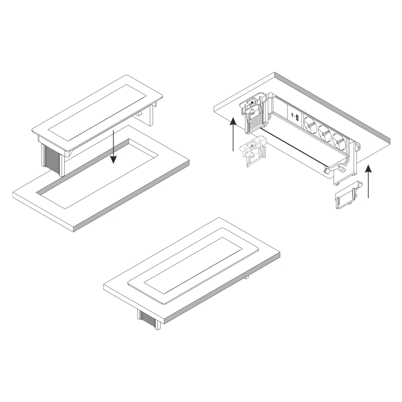Výklopná zásuvka FLIX BOX,  3x 230 V,  USB-A QC 3.0 + USB-C PD, kabel 1,5m, broušená ocel