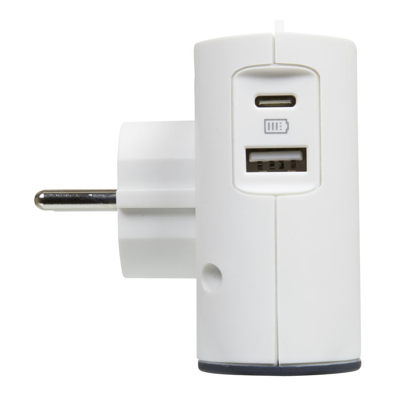 Extra plochá rozbočka, 2x boční zásuvka 230V (2 x 2P / 6 A), 2x nabíjecí USB A+C, s držákem smartphonu – barva bílá a tmavě šedá