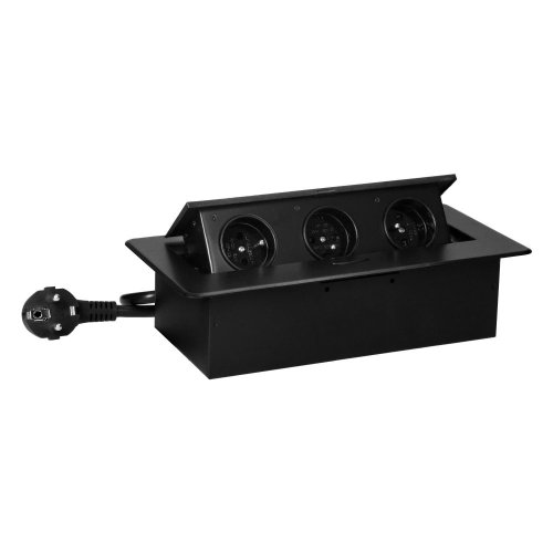 Výklopná nábytková zásuvka, 3x 230V s plochou zaoblenou hranou, barva černá, kabel 1.5m