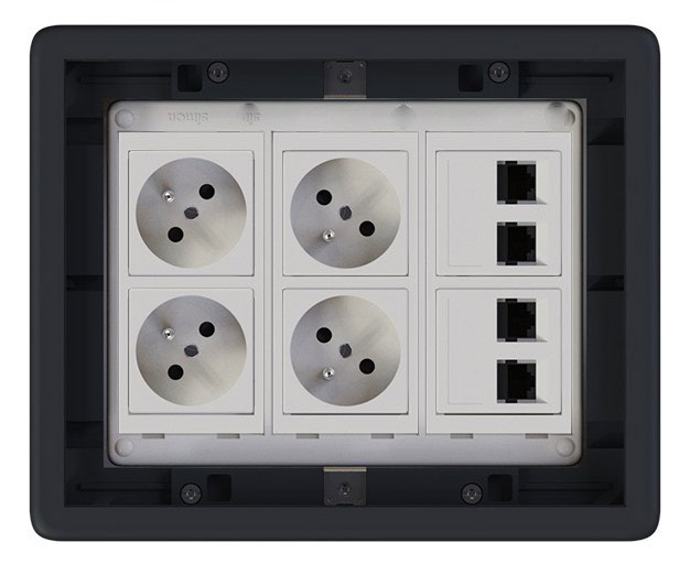 Podlahová zásuvka 4x 250V/16A (zásuvka bílá) + 4x port RJ45 cat. 6, barva boxu grafitově-šedá, pro zvýšené podlahy