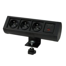 Stolní zásuvka OFFICEBOX, 3x 250V,  1x USB nabíječka A+C 20W Power Delivery, svorka pro uchycení, kabel 1.8m, barva černá