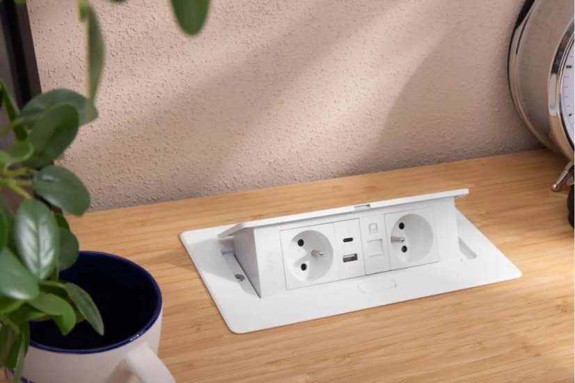 Výklopná zásuvka MULTISOFT, 2x 230V,  USB A/C nabíječka, RJ45, barva bílá, kabel o délce 1.5m
