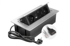 Výklopná zásuvka MULTISOFT, 2x 230V, USB A/C nabíjačka, RJ45, HDMI, farba strieborná, kábel o dĺžke 1.5m