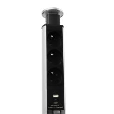 Výsuvná zásuvka, 3x 250V, 2x USB A+C nabíječka, kabel 1.5 m, barva stříbrná