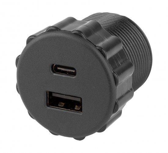 Vestavná 2x USB A+C nabíječka o průměru 35 mm v černé barvě, kabel + zdroj