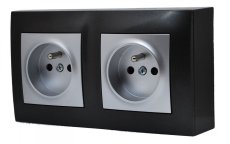 Zásuvkový blok nástenný 2x 250V / 16A, clonky, farba antracitová a strieborná metalíza