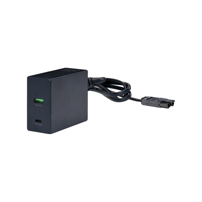 Vestavná stolní USB-C nabíječka Flash 60, 2× USB-C PD 100 W, kabelová průchodka, kabel 1.5 m, černá matná