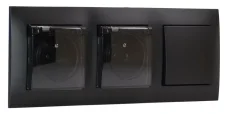 Zásuvky pod omietku 2x 250V/16A s viečkami a manžetou + vypínačom č.1 (jednopólový), krytie IP44, rámček v čiernej farbe + priehľadné krytky