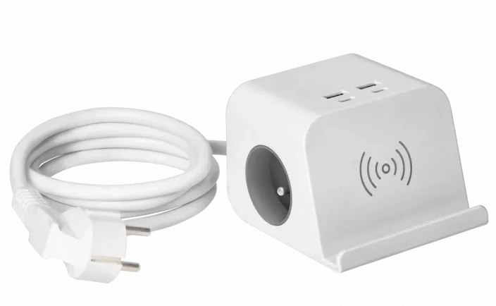 Stolní prodlužovací kabel s 2x zásuvkou 230V, 4x USB A+C a 1x indukční bezdrátovou nabíječkou, šroubovací svorkou a kabelem 1.5m, barva bílá