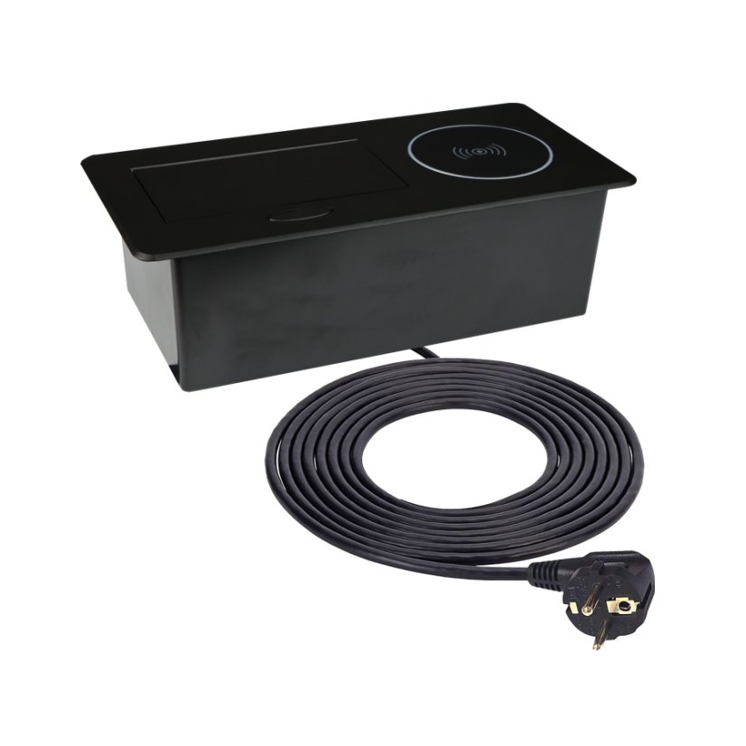 Výklopná zásuvka ZEOBOX, 1x 230V, indukční a 2x USB A+C nabíječka, kabel 1.5m, barva černá