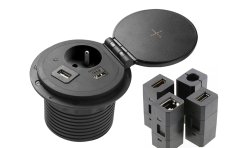 Zásuvka CHARGER PLUS, 1x 230V, indukčná a USB A+C nabíjačka, vymeniteľné zásuvky USB-A, HDMI, RJ-45, farba čierna