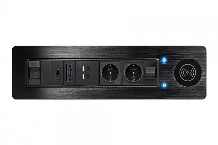 Mediaport s elektrickým otevíráním,  2x 250V (schuko verze), 2x USB nabíjecí, 1x HDMI 2.0, 1x USB 3.0, indukční nabíječka, hliník, černá barva