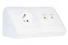 Rohová zásuvka 1x 250V / 16A + 2x port RJ45, cat.5e (bez krytiek proti prachu), farba biela lesklá, bez kábla