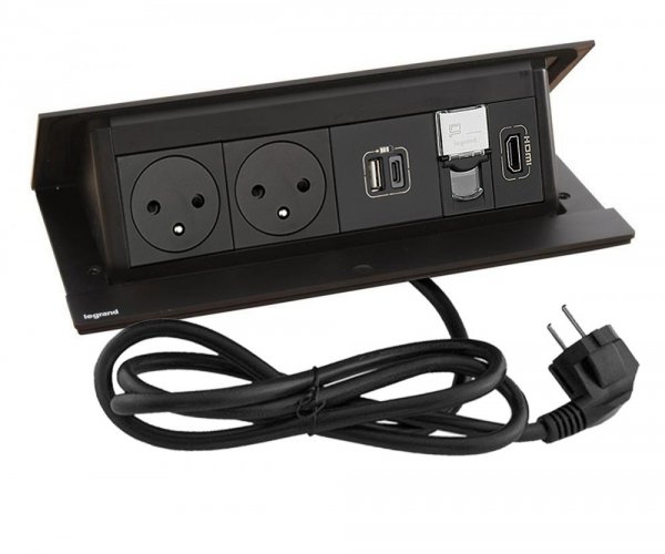 Pop-up blok INCARA 2x zásuvka 250V surface, 1x USB A+C nabíjačka 15W, 1x RJ45, 1x HDMI + montážny rám, farba čierna, kábel 2m