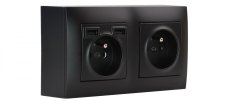 Zásuvkový blok nástenný 2x 250V / 16A s clonkami + 2x USB nabíjačka, bez kábla, čierna matná
