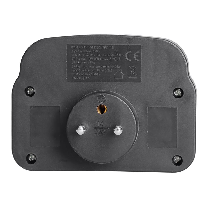 Zásuvková rozdvojka 2× 230 V + nabíječka USB-A + USB-C PD 20 W s vypínačem, černá