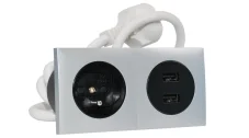 Zásuvkový blok zapuštěný ve stříbrné barvě, 1x zásuvka 230V + 2x USB-A nabíječka, kabel 1.5m