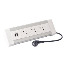 Stolný blok On Desk, 3x zásuvka 250V (surfácia 45 °), 1x USB A + C nabíjačka 15W, kábel 3m, farba hliník - biela
