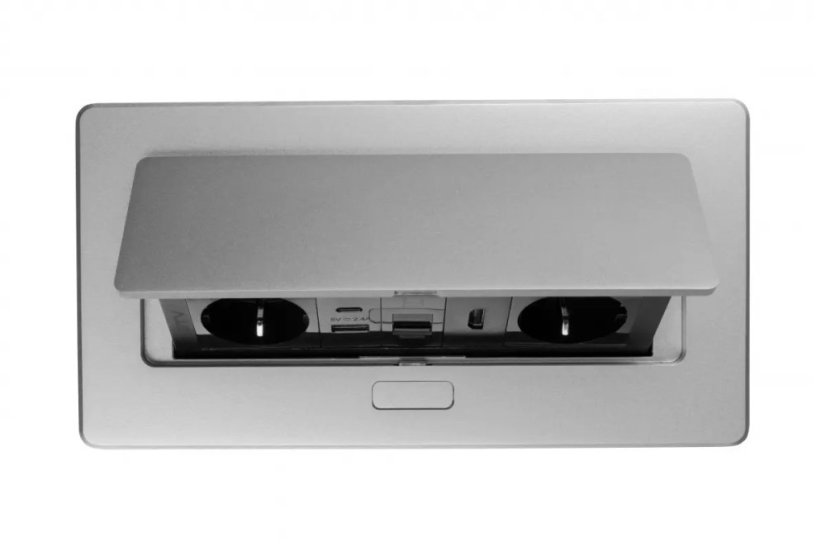 Výklopná zásuvka MULTISOFT, 2x 230V,  USB A/C nabíječka, RJ45, HDMI, barva stříbrná, kabel o délce 1.5m