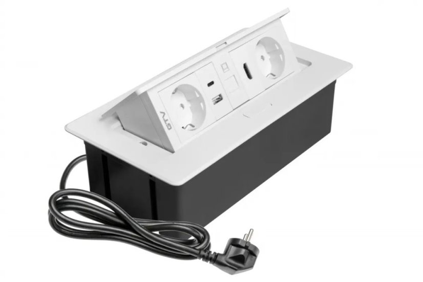 Výklopná zásuvka MULTISOFT, 2x 230V (schuko),  USB A/C nabíječka, RJ45, HDMI, barva bílá, kabel o délce 1.5m
