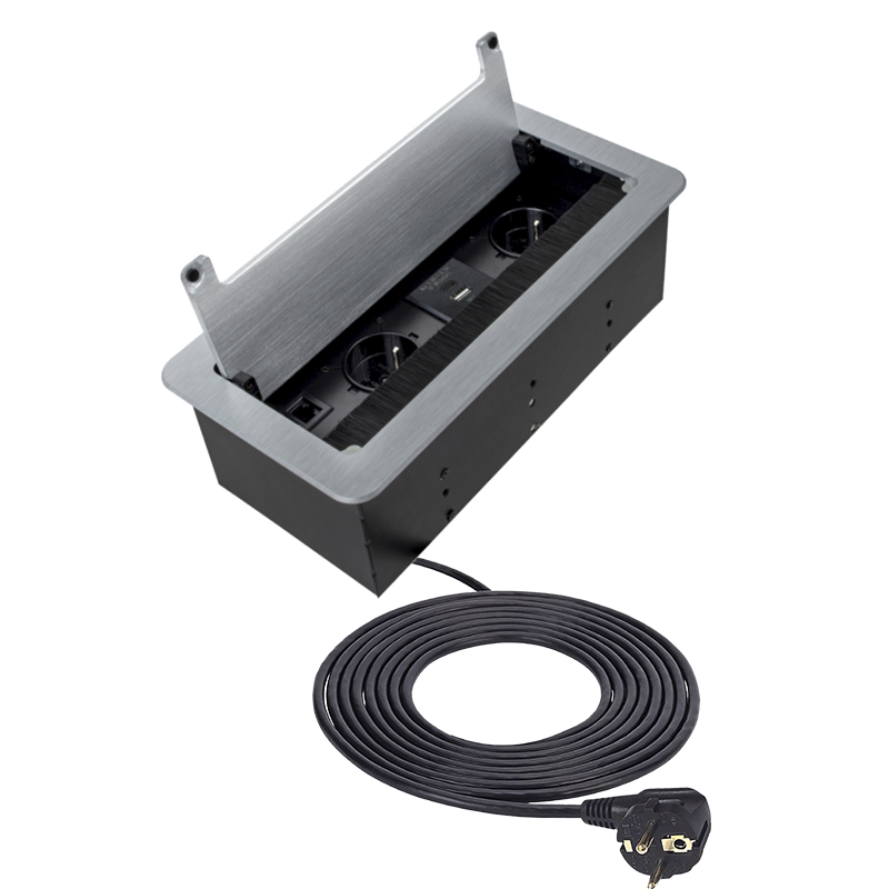 Zásuvkový blok 2x 230V, 2x USB A+C nabíjecí, 1x HDMI, 1x RJ45, kabel 3m, hliník, barva stříbrná