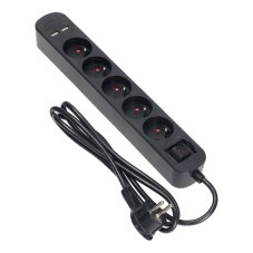 Napájecí lišta s přepěťovou ochranou, 5 zásuvek 2P+E, 230 V/AC, 2xUSB nabíječka 2.1A,  podsvícený vypínač, kabel 1.5m