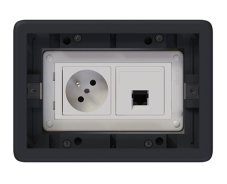 Podlahová zásuvka SF 187x132 mm, 1x 250V/16A + 1x RJ45 cat. 6, barva boxu grafit, pro lité podlahy s kazetou do potěru, vyplnění víka materiálem podlahy