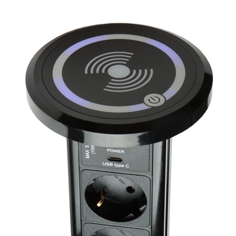 Automaticky výsuvný blok LIFT BOX USB, 3x zásuvka 230V (verze schuko), nabíječka USB A + C, bezdrátové nabíjení, kabel 2m, barva černá