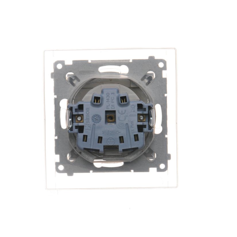 Zásuvka silová 1 násobná typ E (přístroj s krytem), se clonkami, IP44, s těsněním pro rámečky Premium, průhledné víčko, 16 A / 250 V~, šroubové svorky, Simon 54, barva zlatá metalizovaná
