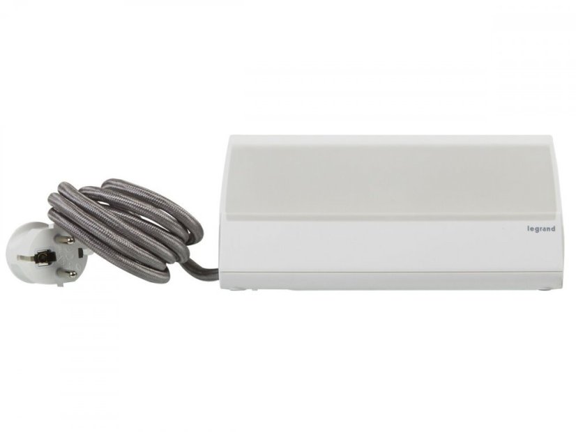 Multifunkčný blok, 3x zásuvka 230V, 2x USB-A nabíjací, vypínač, držiak tabletu alebo telefónu, farba bielo-sivá