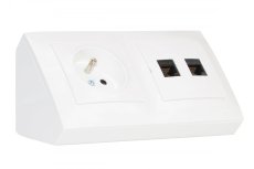 Rohová zásuvka 1x 250V/16A + 2x port RJ45, cat.6 (černé, bez krytek proti prachu), barva bílá lesklá, bez kabelu