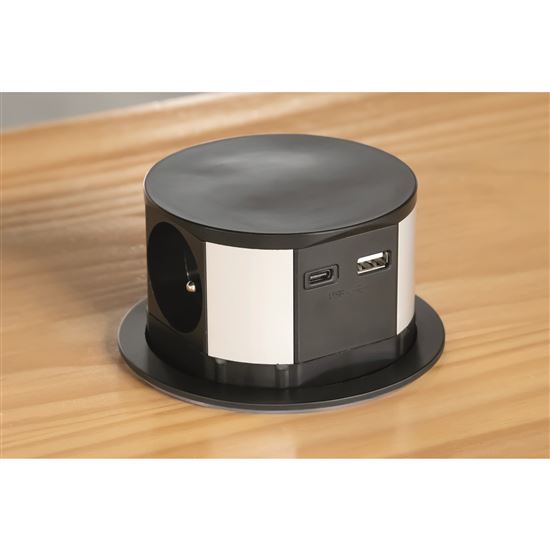 Výsuvný zásuvkový blok, 3x 230V, 2x nabíjacie USB  (USB-A, USB-C), farba čierna, kábel 2m