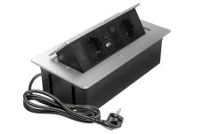 Výklopná zásuvka MULTISOFT, 2x 230V schuko, USB A/C nabíjačka, RJ45,  farba strieborná, kábel o dĺžke 1.5m