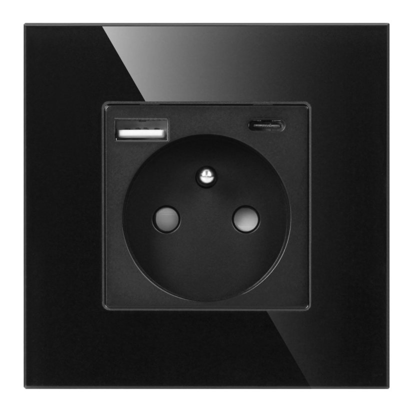 Zásuvka 1x 230V s USB-A + USB-C nabíječkou, PD 20W, rámeček sklo, pod omítku, barva černá