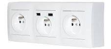 Zásuvkový blok nástenný 3x 250V / 16A s clonkami + 2x USB nabíjačka, bez kábla, farba biela
