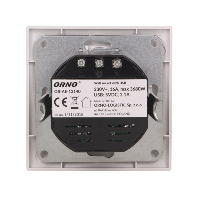 Zásuvka pod omietku, 1x230V, 2x USB nabíjačka 5V