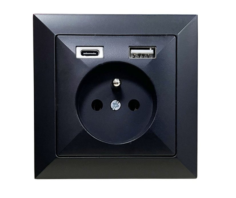 Zásuvka v rámečku, 1× 230 V / 16 A s USB A+C nabíječkou, série Pearl, pod omítku, barva černá