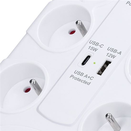 Přepěťová ochrana, 8x zásuvka 230V , USB A+C nabíječka 5V/3.4A, kabel 2m, barva bílá