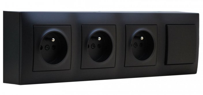 Zásuvkový blok nástenný 3x 250V / 16A s vypínačom (radenie č.6), clonky, bez kábla, farba čierná matná