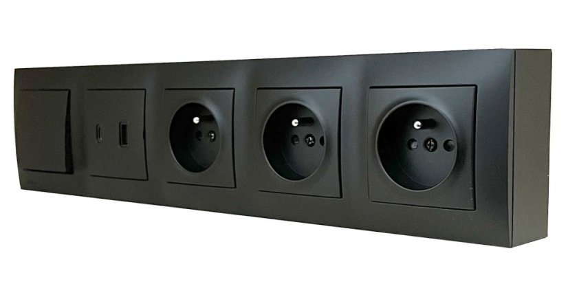 Zásuvkový blok nástěnný 3x 250V/16A + 2x USB nabíječka A/C + 1x vypínač č.1, bez kabelu, barva černá