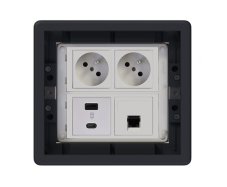 Podlahová zásuvka 2x 250V / 16A, 2x USB nabíjačka A+C, 1x RJ45 cat.5, farba grafitovo-šedá, pre liate podlahy