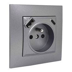 Zásuvka v rámečku pod omítku, 1x 250V/16A s USB A+C nabíječkou, šedé metalizované barvy
