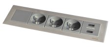 OFIBLOCK Line, 3x zásuvka 250V + 2x USB nabíječka 5V, rámeček chrom, barva grafitově-šedá, kabel 1.5m