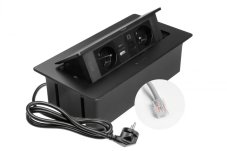 Výklopná zásuvka MULTISOFT, 2x 230V, USB A/C nabíjačka, RJ45, farba čierna, kábel o dĺžke 1.5m